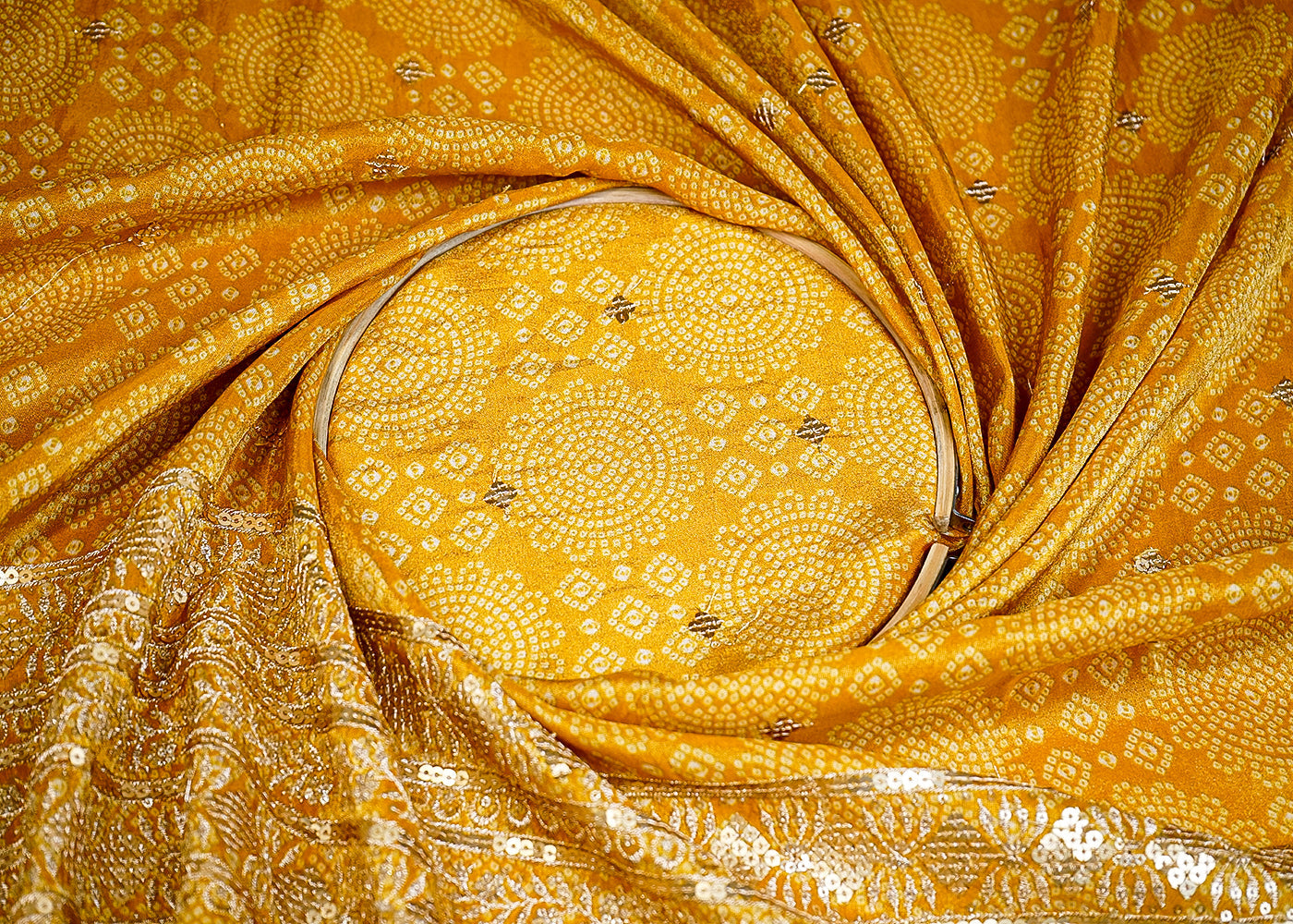 (Pre-Cut 1.4 MTR) Yellow Tissue Fabric With All Over Bandhani Print With Sequins Work And One Side Heavy Border 18686