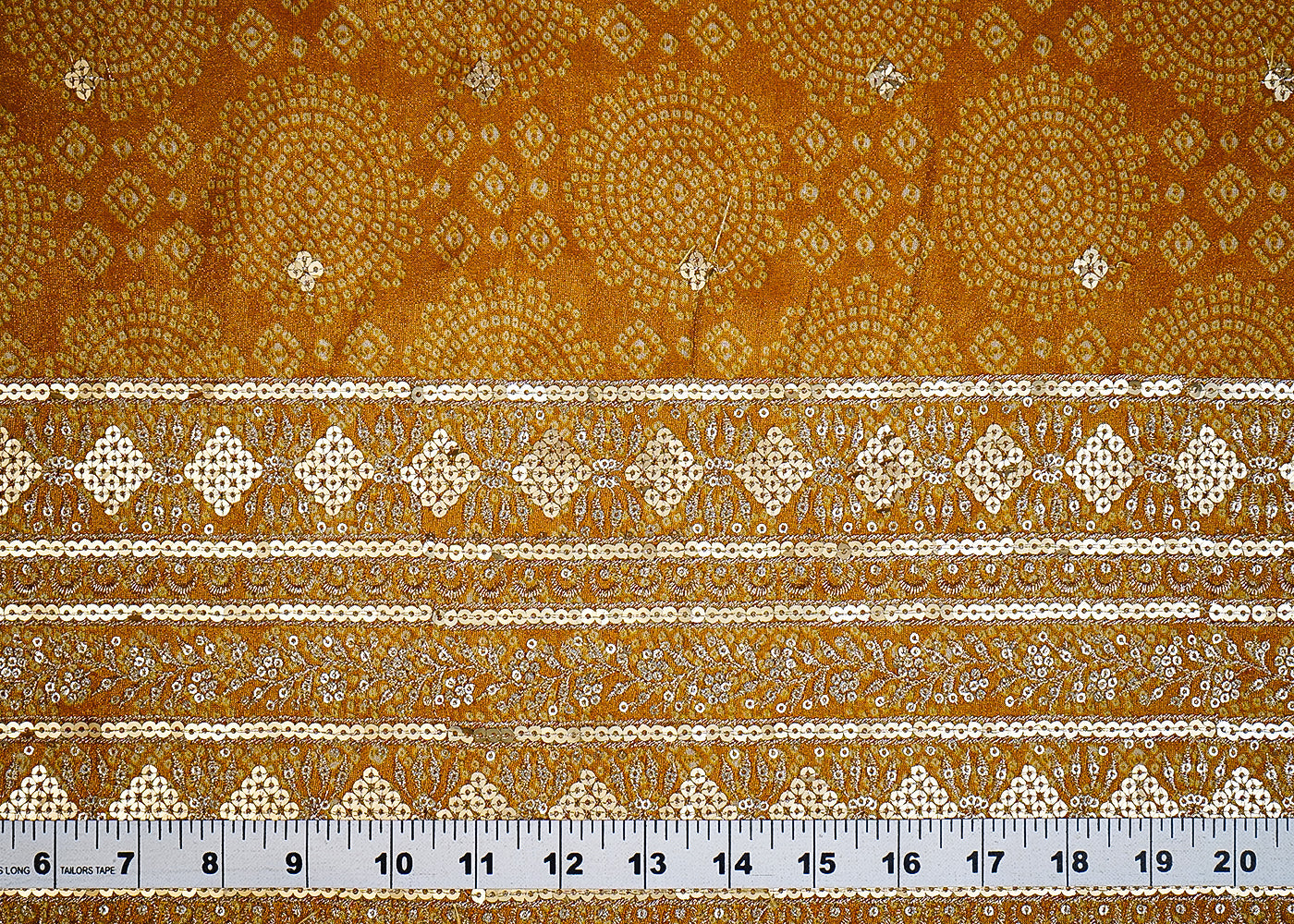 (Pre-Cut 1.4 MTR) Yellow Tissue Fabric With All Over Bandhani Print With Sequins Work And One Side Heavy Border 18686