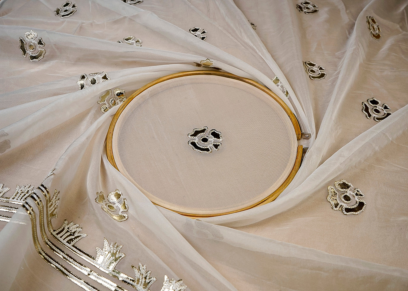 (Pre-Cut 0.9 MTR) White Organza Fabric With All Over Gota Patti Work With Two Side Border 18688
