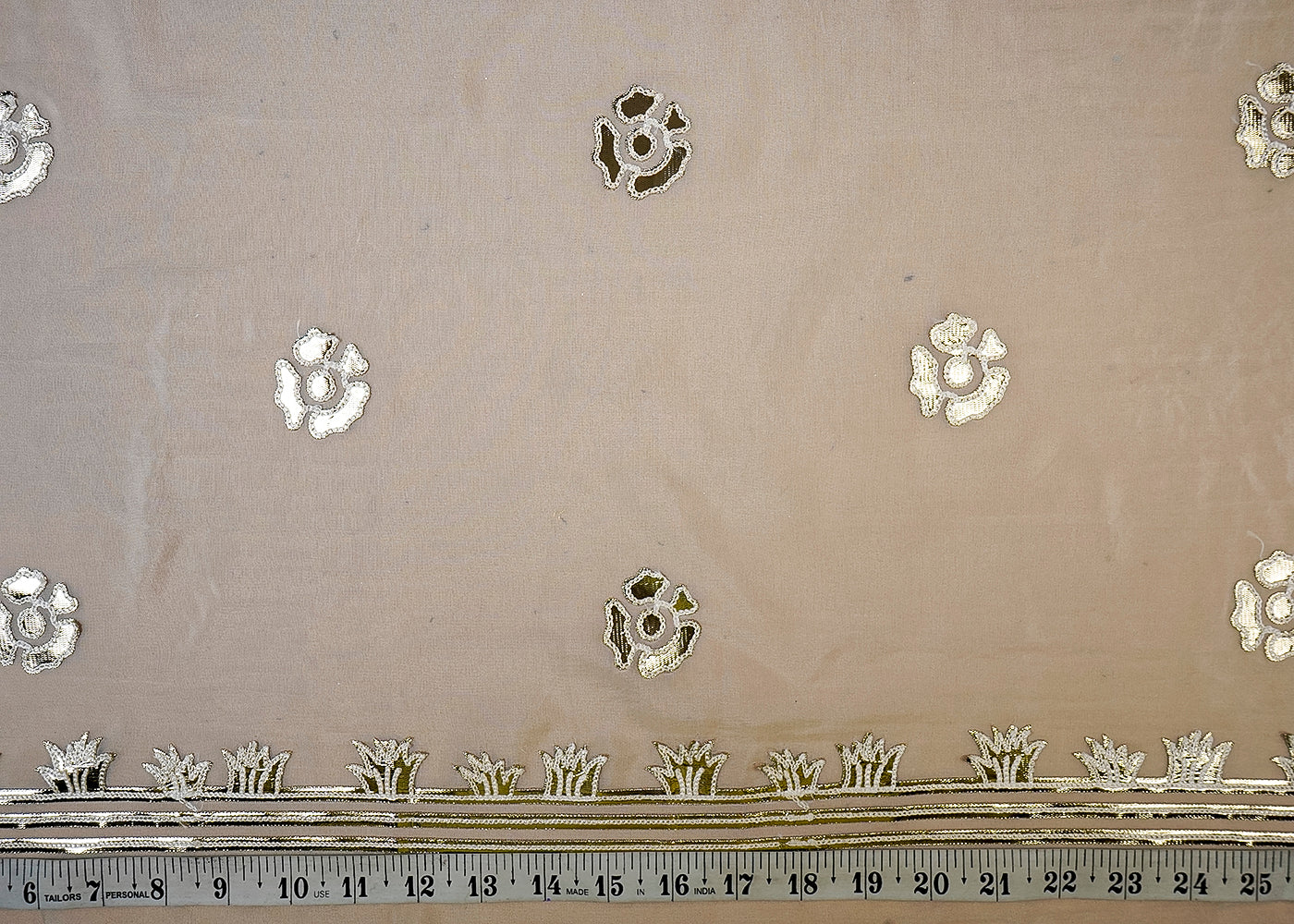 (Pre-Cut 0.9 MTR) White Organza Fabric With All Over Gota Patti Work With Two Side Border 18688