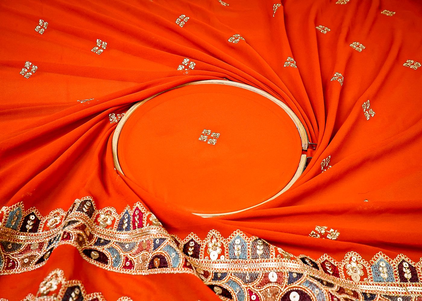 (Pre-Cut 2.65 MTR) Orange Georgette Fabric With All Over Seuins Ans Zari Buti With Two Side Threadwork Border 18689