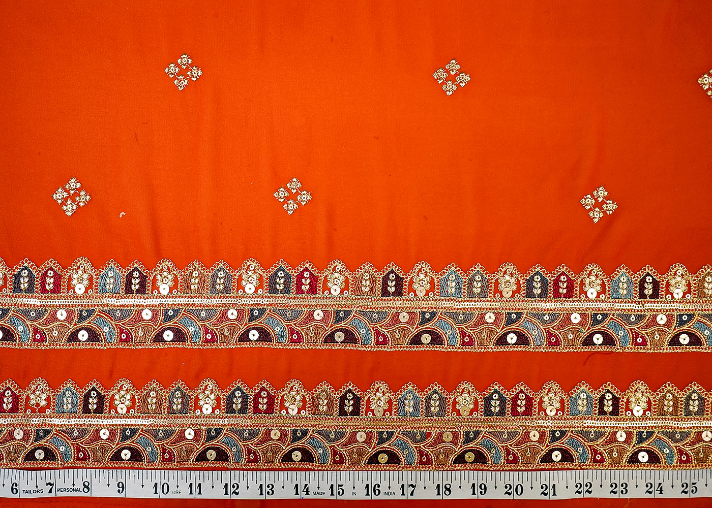 (Pre-Cut 2.65 MTR) Orange Georgette Fabric With All Over Seuins Ans Zari Buti With Two Side Threadwork Border 18689