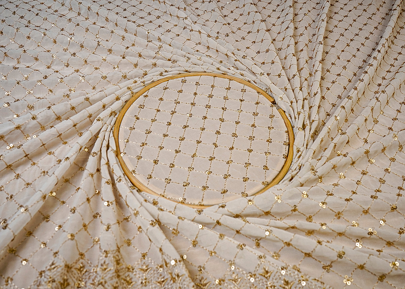 (Pre-Cut 1.4 MTR) White Georgette Fabric With All Over Zari And Sequins Work With Two Side Border 18690