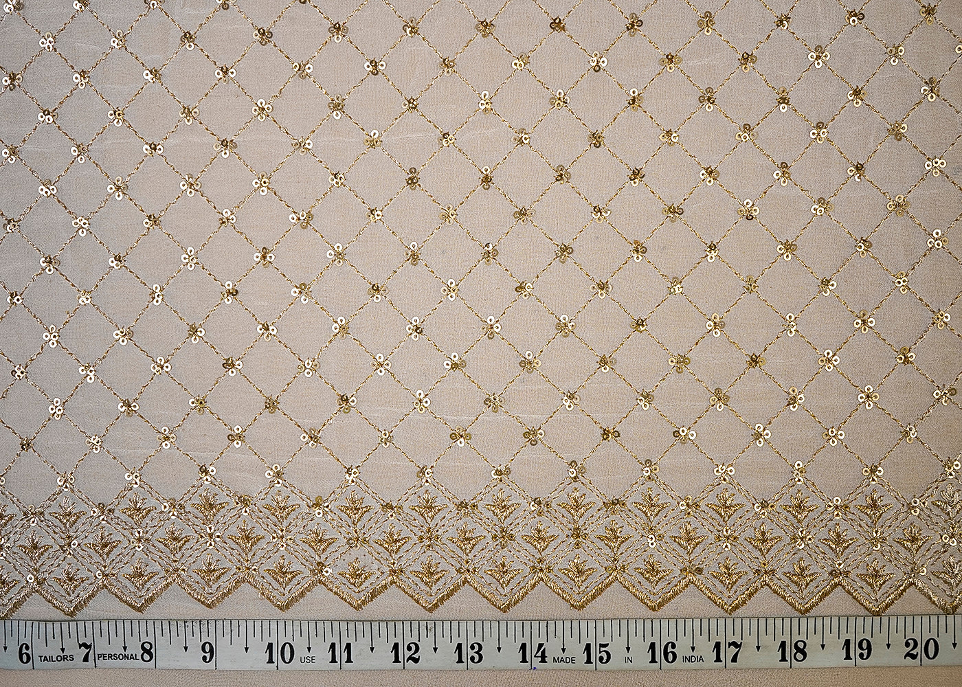 (Pre-Cut 1.4 MTR) White Georgette Fabric With All Over Zari And Sequins Work With Two Side Border 18690