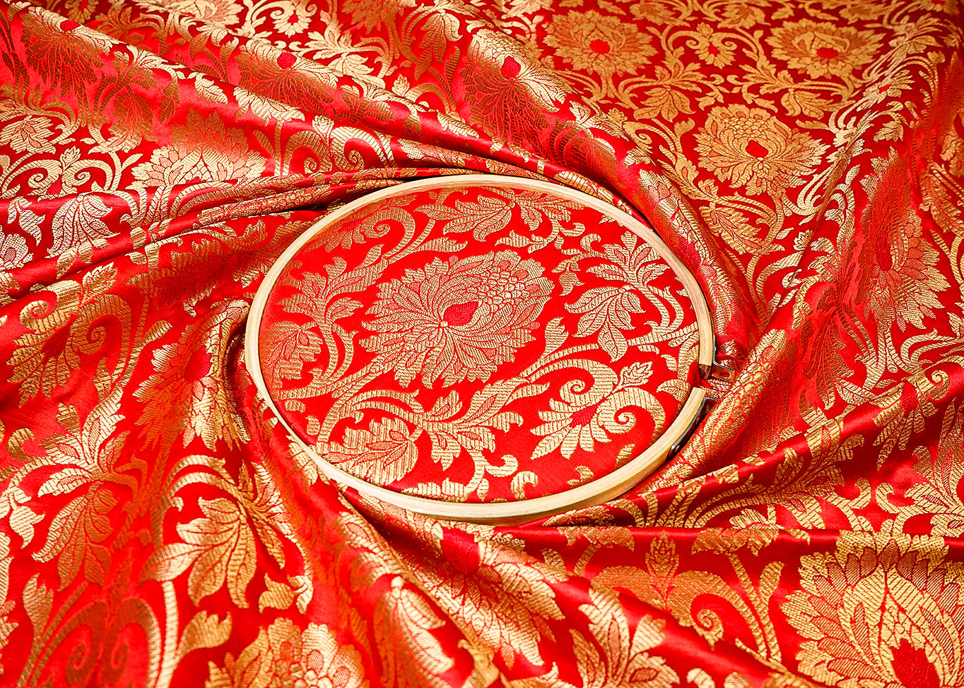 (Pre-Cut 1.8 MTR) Red Banarasi Brocade Fabric With All Over Golden Zari Handloom 18692