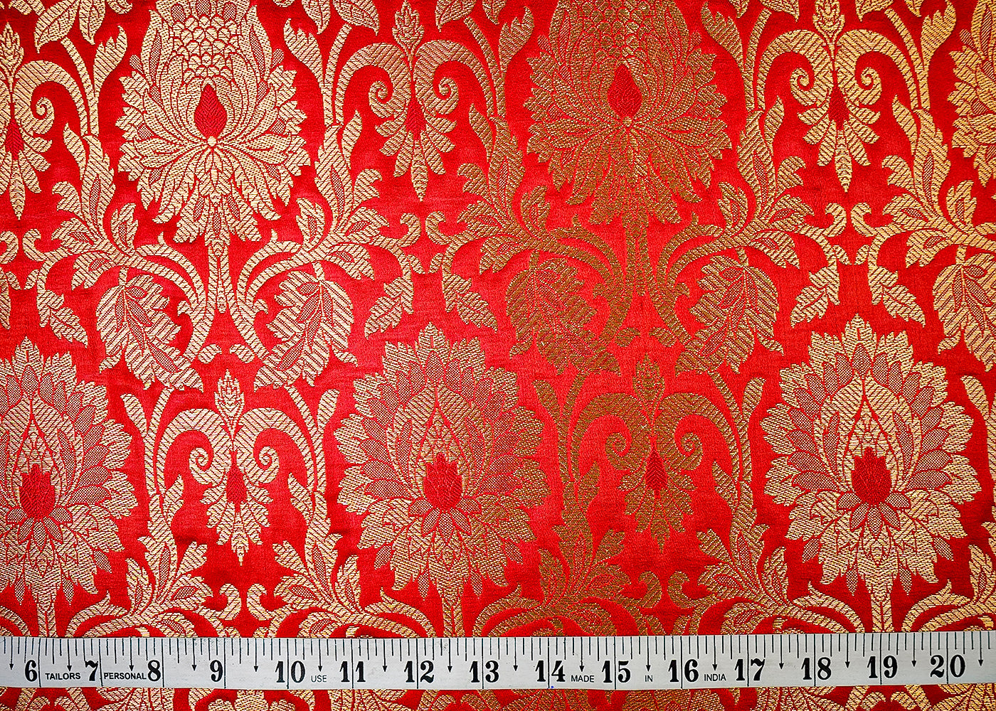 (Pre-Cut 1.8 MTR) Red Banarasi Brocade Fabric With All Over Golden Zari Handloom 18692