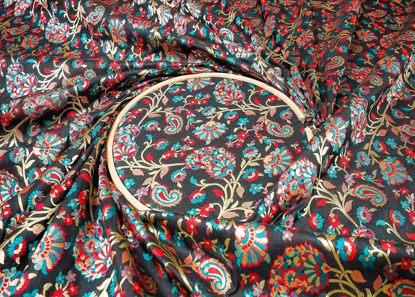 (Pre-Cut 1.65 MTR) Black Banarasi Brocade Fabric With All Over Thread And Zari Work 18693