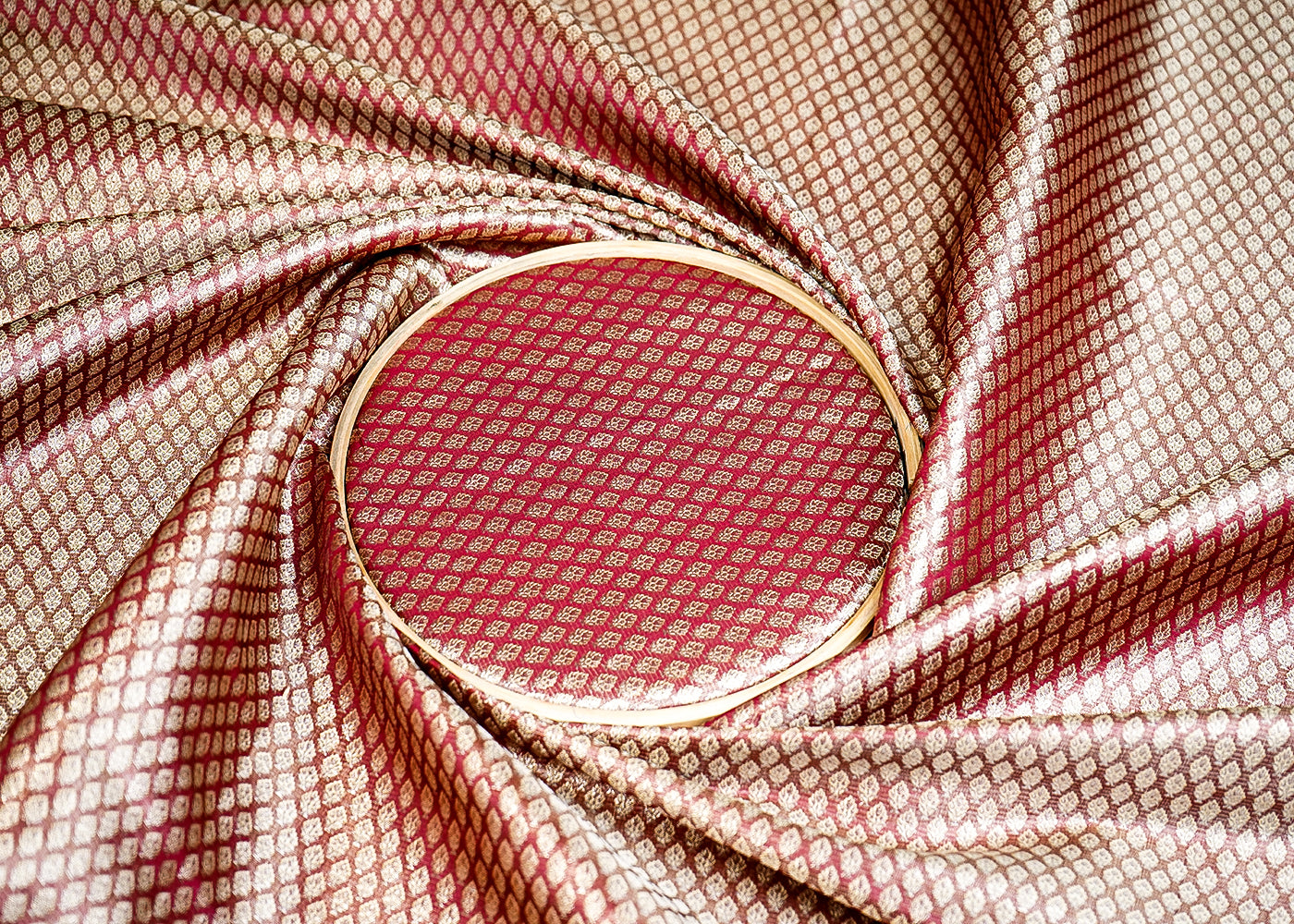 (Pre-Cut 0.9 MTR) Wine Banarasi Brocade Fabric With All Over Golden Zari Handloom 18697