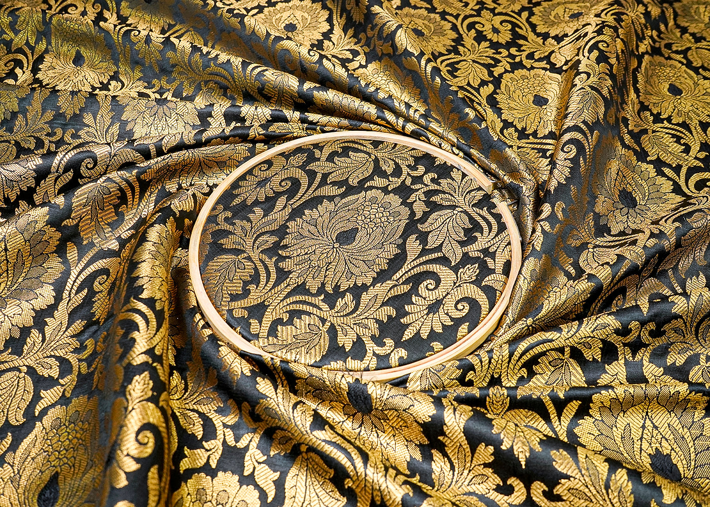 (Pre-Cut 0.8 MTR) Black Banarasi Brocade Fabric With All Over Golden Zari Handloom 18698