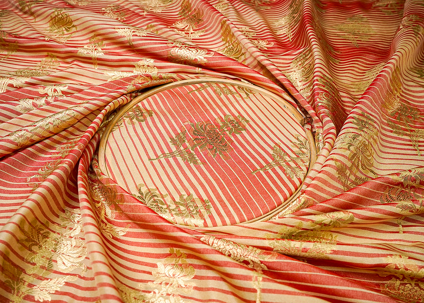 (Pre-Cut 1.5 MTR) Beige Banarasi Brocade Fabric With All Over Golden Zari Handloom 18701
