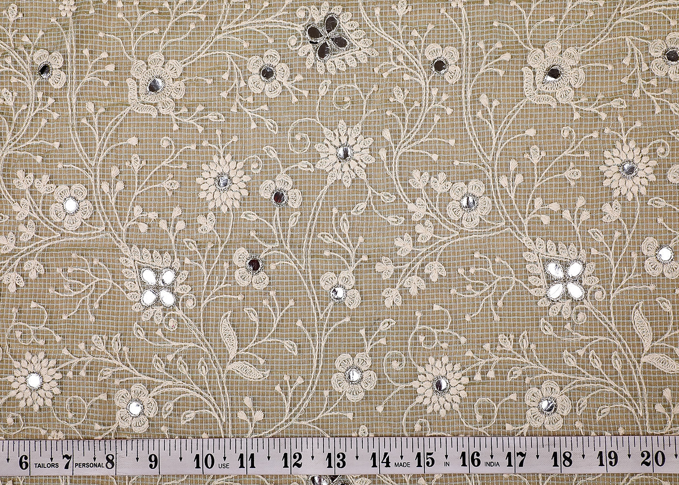 (Pre-Cut 2.55 MTR) Sea Green Kotadoria Fabric With All Over Thread And Faux Mirror Work 18710