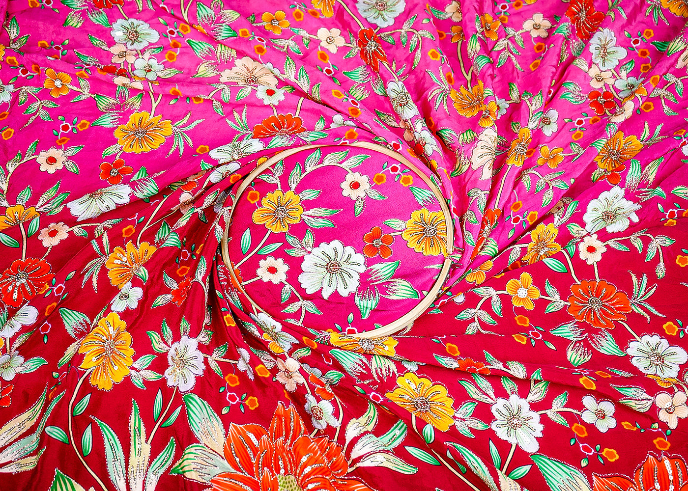 (Pre-Cut 2 MTR) Maroon And Pink Crepe Fabric With Ombre Shade With All Over Floral Print And Sequins Zari Work 18715