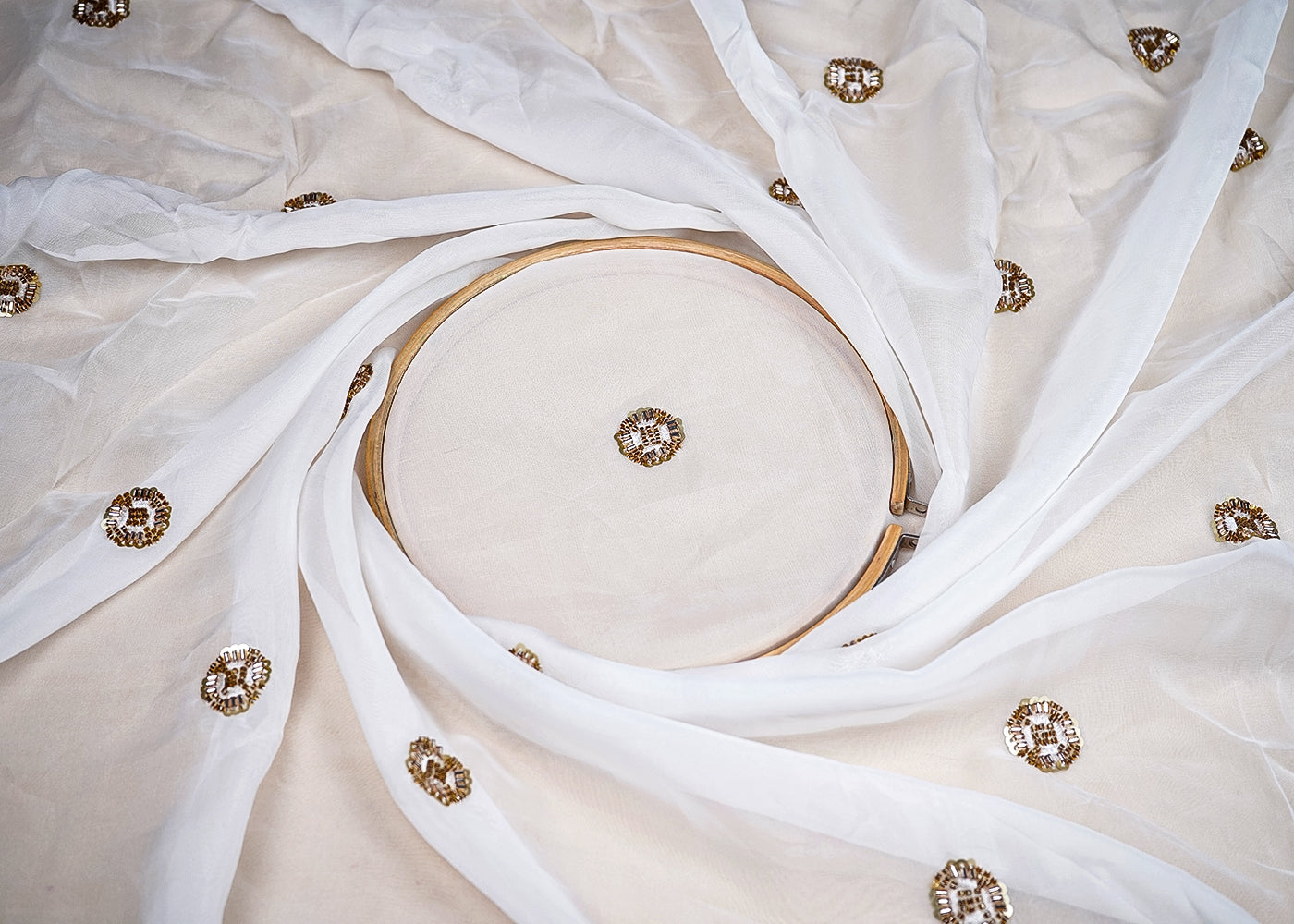 (Pre-Cut 1.4 MTR) White Organza Fabric With All Over Sequins, Katdana And Bead Buti Work 18717