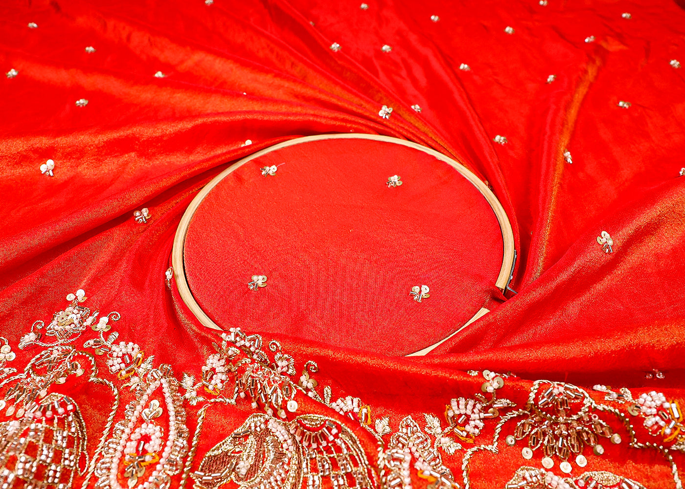 (Pre-Cut 1.3 MTR) Red Tissue Fabric With All Over Sequins Bead And Katdana Work With One Side Heavy Border 18725