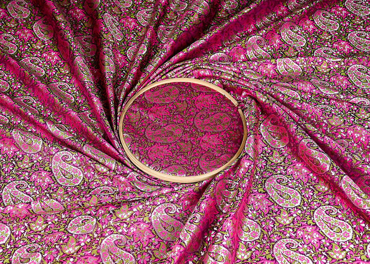 (Pre-Cut 1.5 MTR) Wine Banarasi Brocade Fabric With All Over Thread An