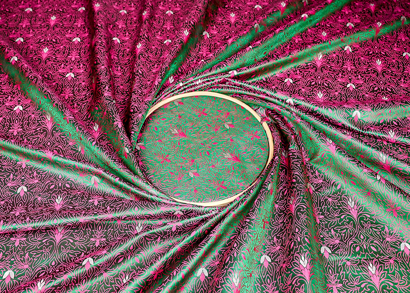 (Pre-Cut 2.5 MTR) Bottle Green Banarasi Brocade Fabric With All Over Thread And Zari Handloom 18730