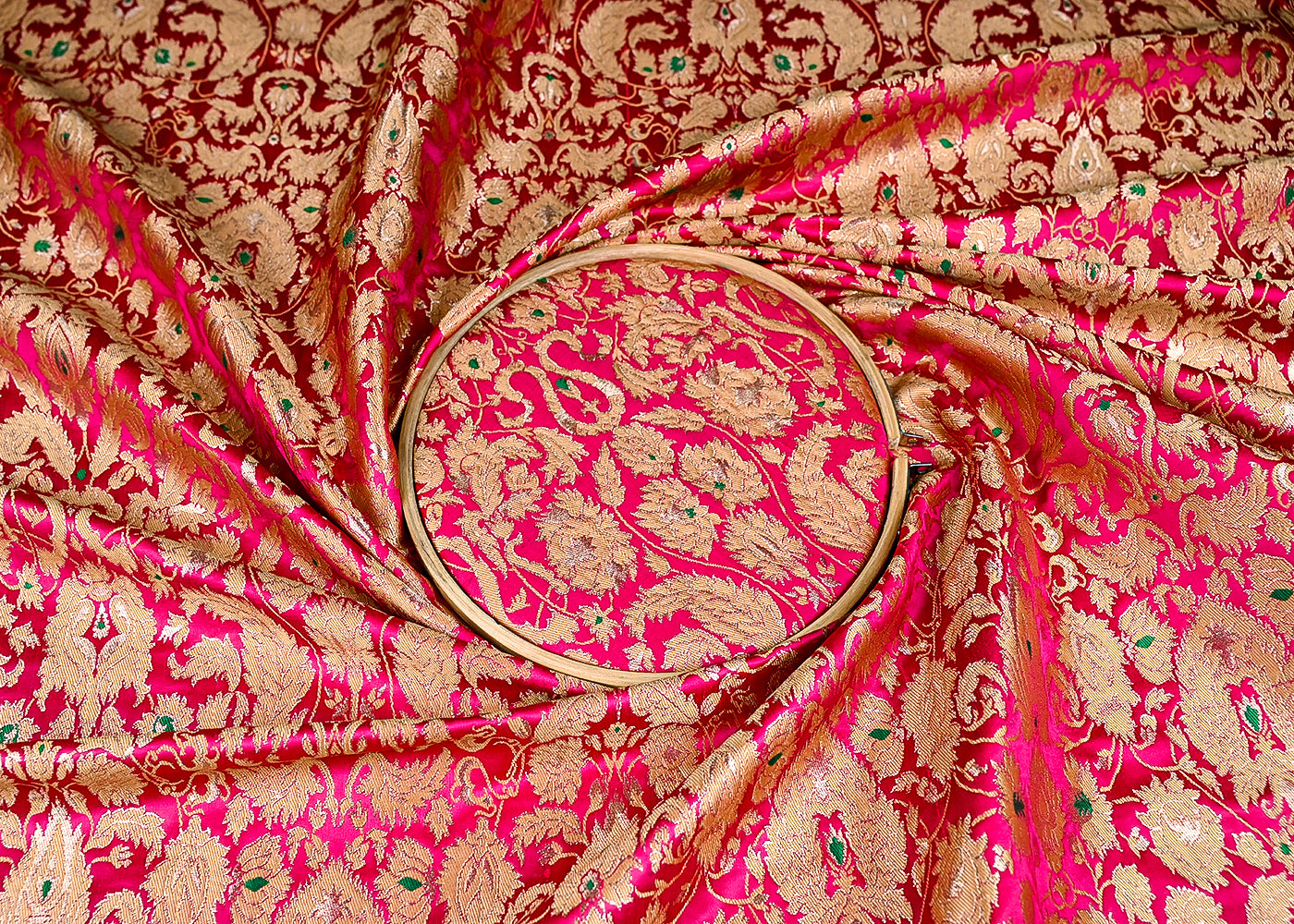 (Pre-Cut 0.75 MTR) Rani Pink Banarasi Brocade Fabric With All Over Thread And Zari Handloom 18734