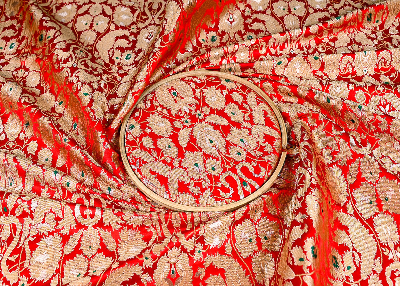 (Pre-Cut 0.65 MTR) Red Banarasi Brocade Fabric With All Over Thread And Zari Handloom 18736