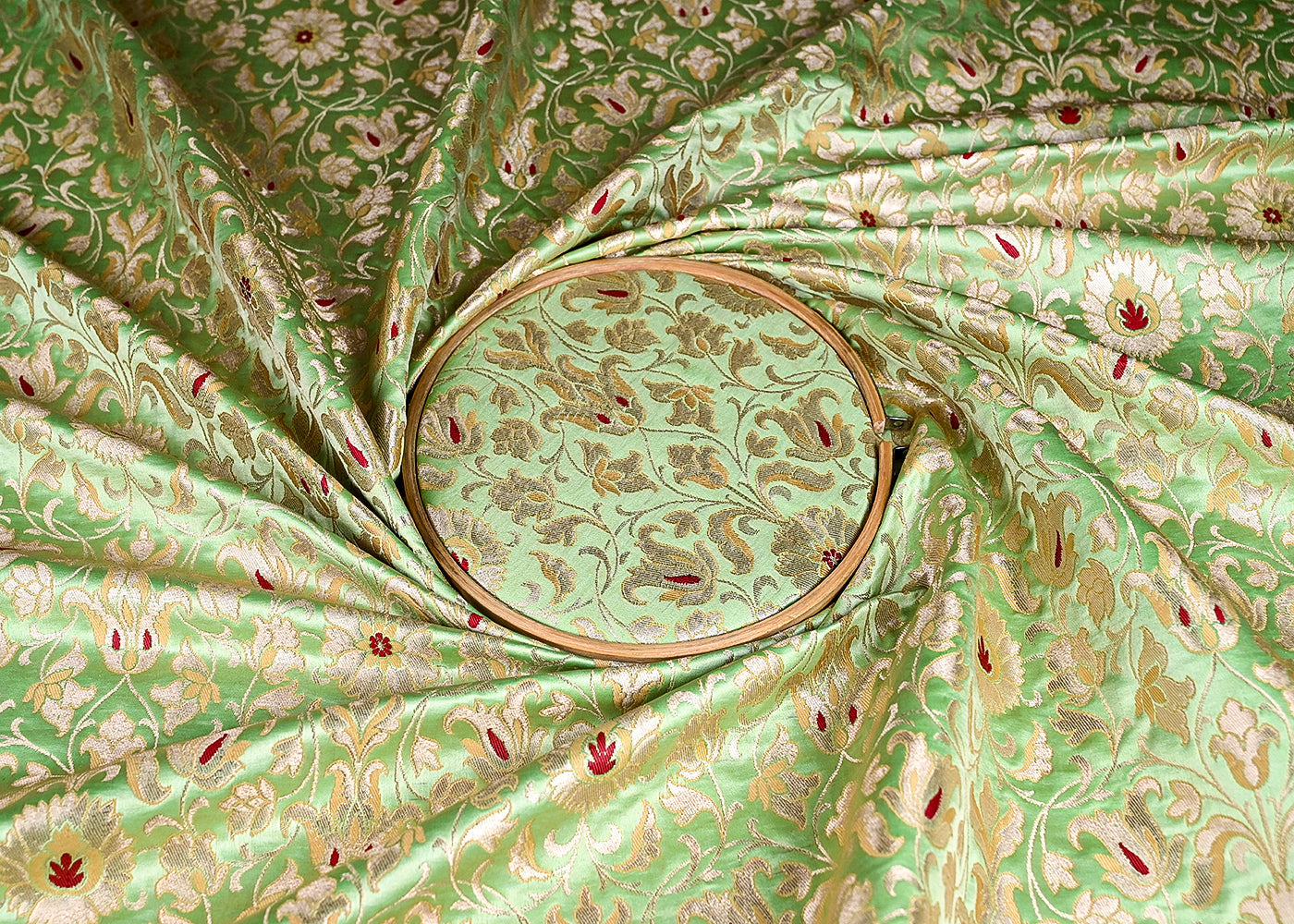 (Pre-Cut 1 MTR) Mint Green Banarasi Brocade Fabric With All Over Thread And Zari Handloom 18737