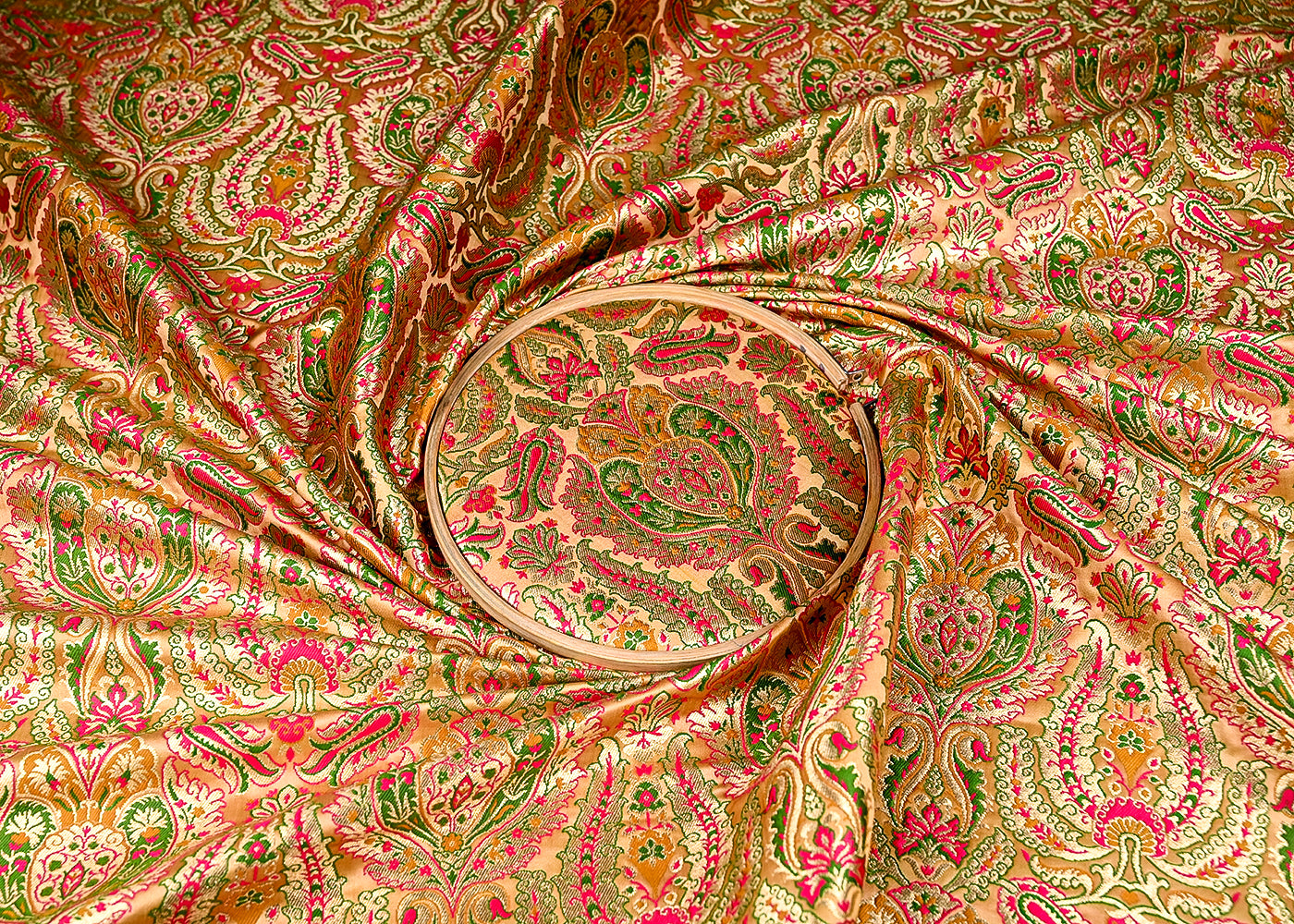 (Pre-Cut 1 MTR) Beige Banarasi Brocade Fabric With All Over Thread And Zari Handloom 18740