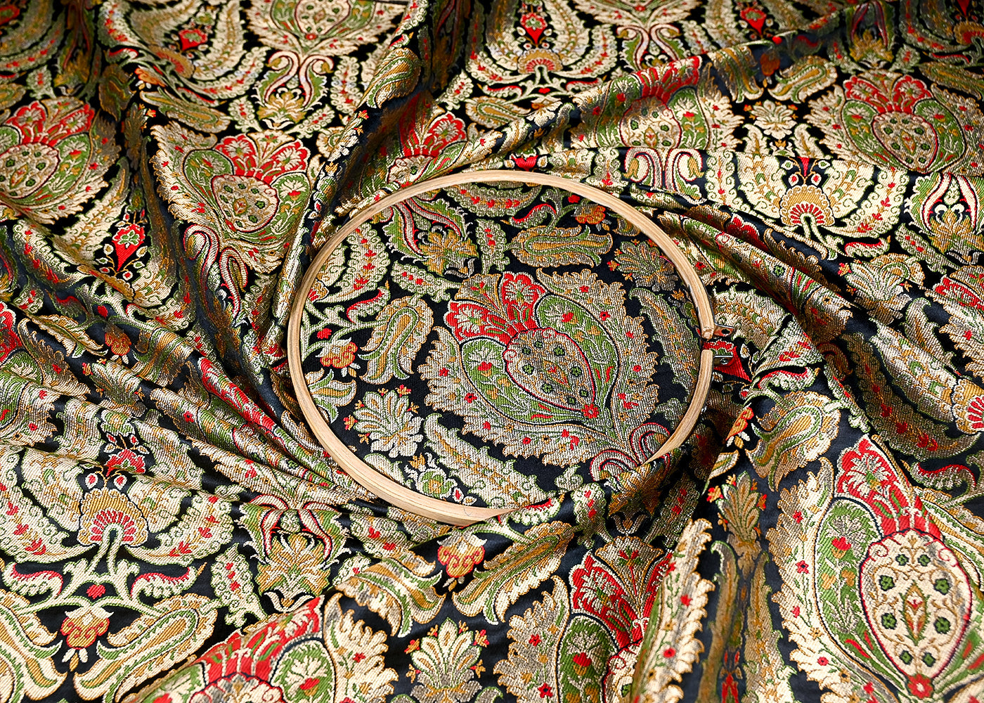 (Pre-Cut 0.7 MTR) Black Banarasi Brocade Fabric With All Over Thread And Zari Handloom 18741