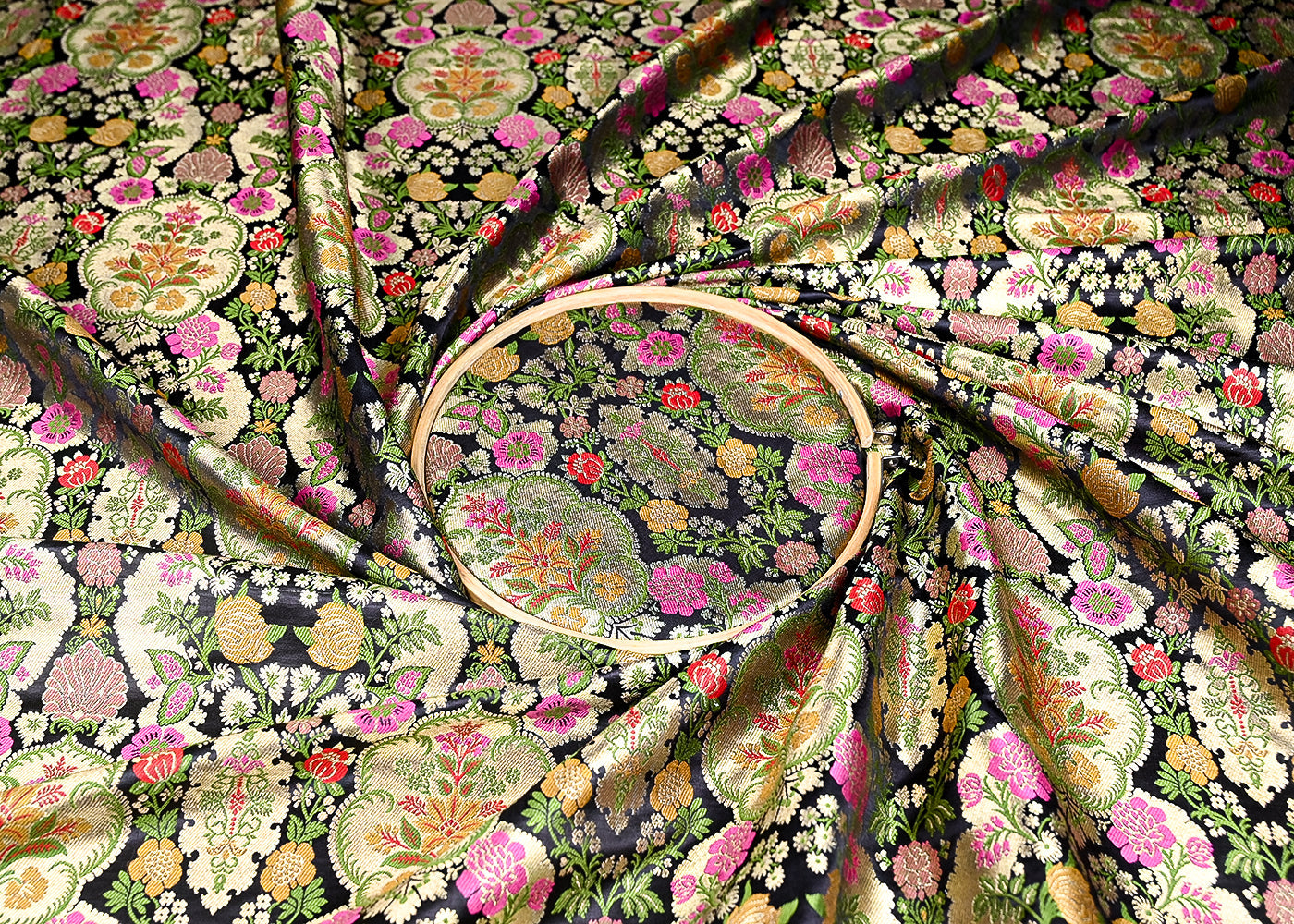 (Pre-Cut 1.9 MTR) Black Banarasi Brocade Fabric With All Over Thread And Zari Handloom 18745