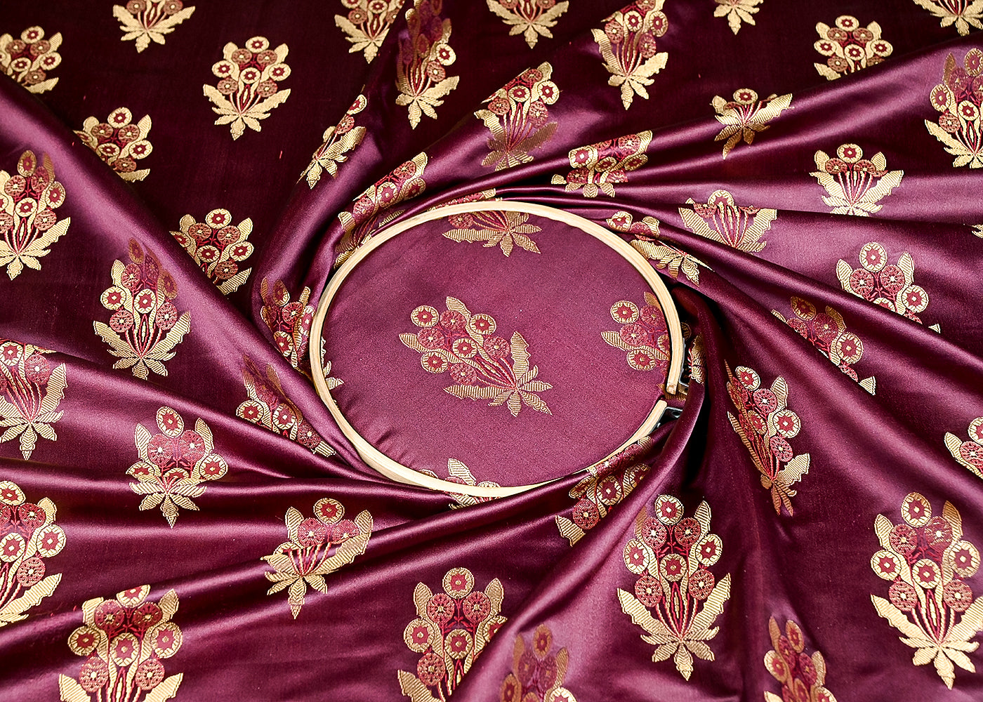 (Pre-Cut 1 MTR) Wine Banarasi Brocade Fabric With All Over Golden Zari Handloom 18757