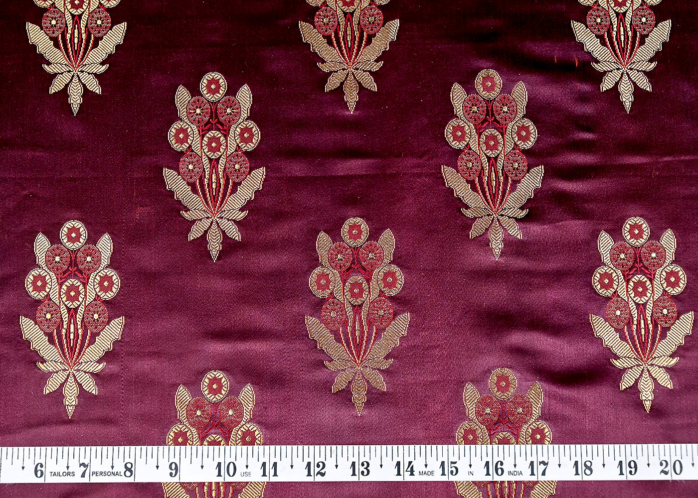 (Pre-Cut 1 MTR) Wine Banarasi Brocade Fabric With All Over Golden Zari Handloom 18757