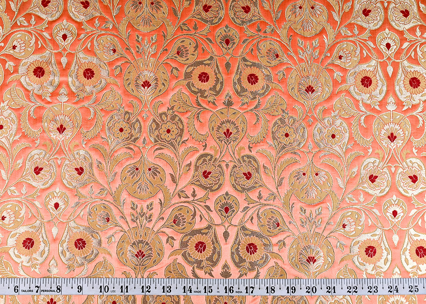 (Pre-Cut 1.85 MTR) Peach Banarasi Brocade Fabric With All Over Thread And Zari Handloom 18760