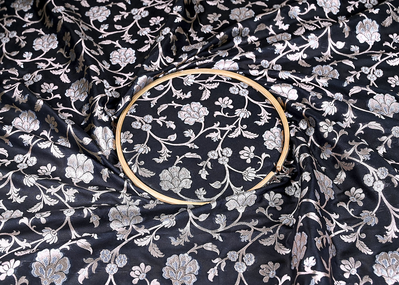 (Pre-Cut 0.75 MTR) Black Banarasi Brocade Fabric With All Over Golden Zari Handloom 18762