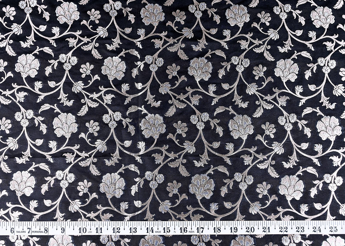 (Pre-Cut 0.75 MTR) Black Banarasi Brocade Fabric With All Over Golden Zari Handloom 18762