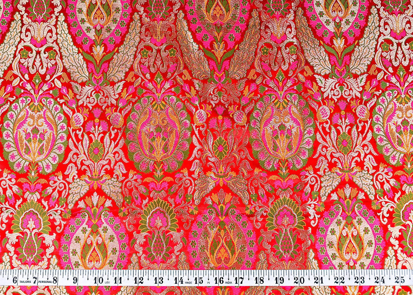 (Pre-Cut 1.8 MTR) Red Banarasi Brocade Fabric With All Over Thread And Zari Handloom 18764