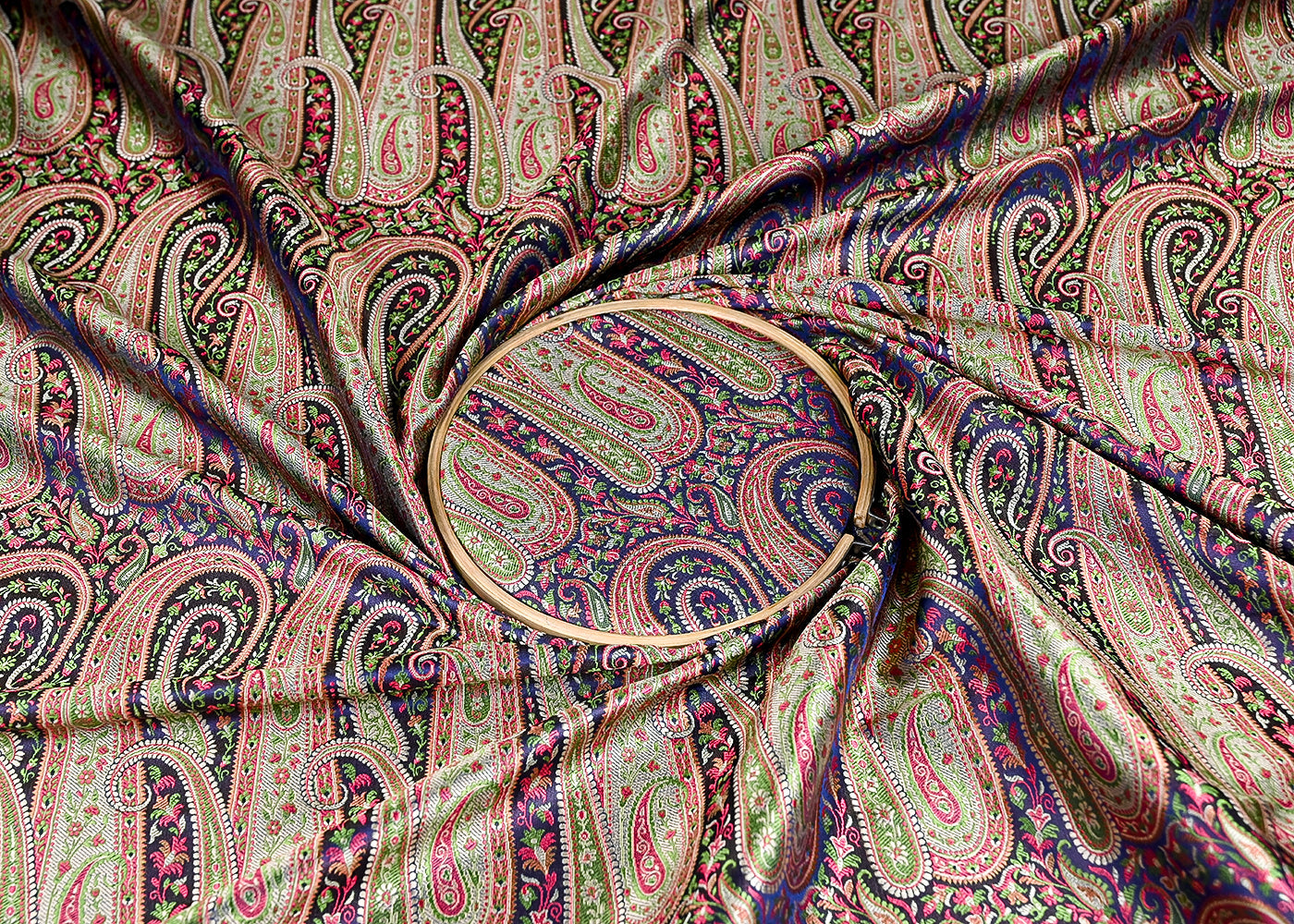 (Pre-Cut 1.3 MTR) Dark Blue Banarasi Brocade Fabric With All Over Thread And Zari Handloom 18768