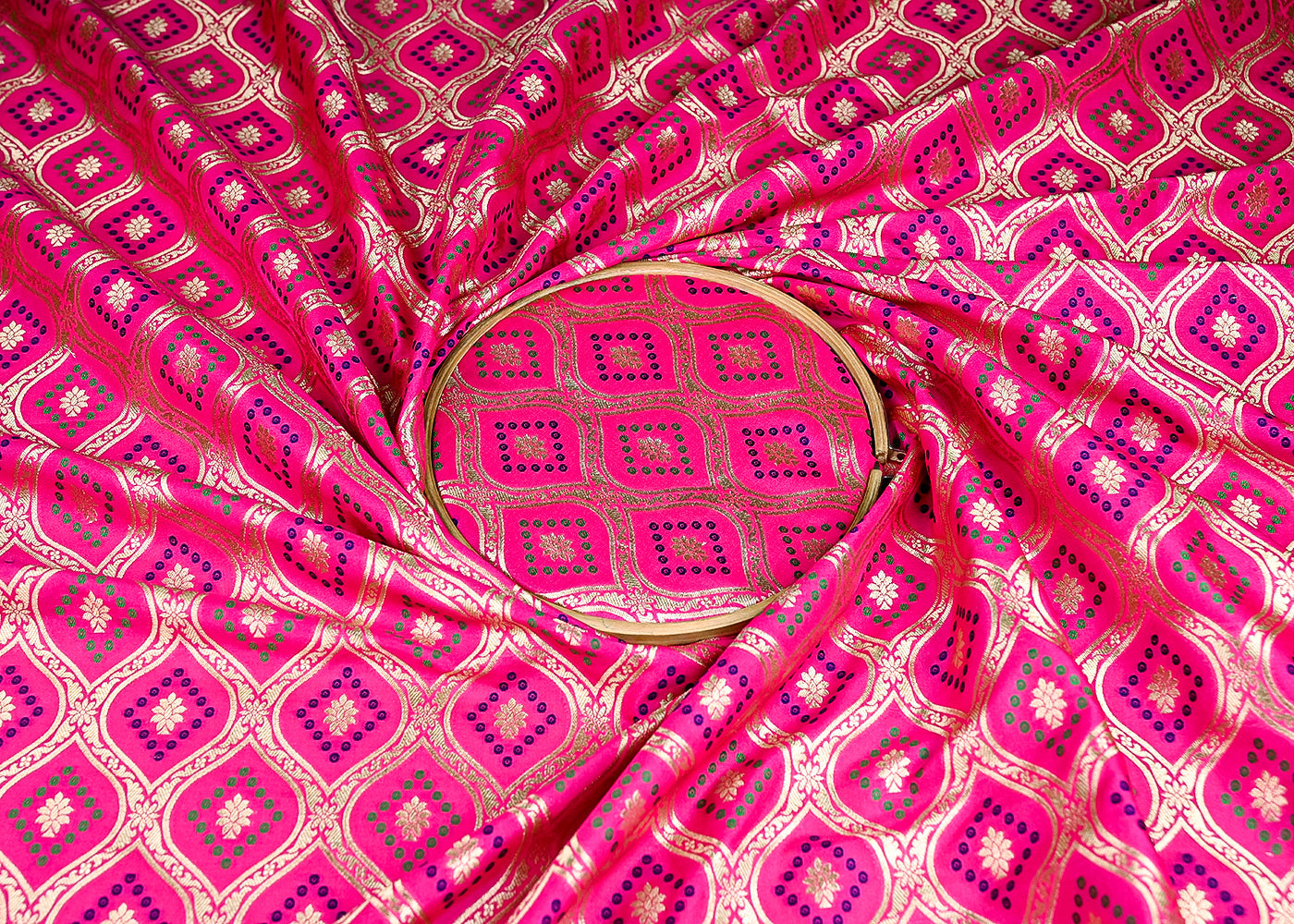 (Pre-Cut 2.75 MTR) Rani Pink Banarasi Brocade Fabric With All Over Thread And Zari Handloom 18771