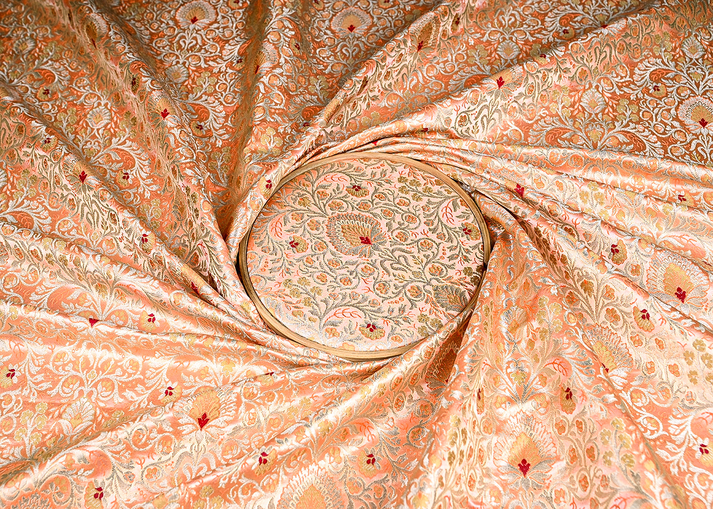 (Pre-Cut 1.35 MTR) Peach Banarasi Brocade Fabric With All Over Thread And Zari Handloom 18776