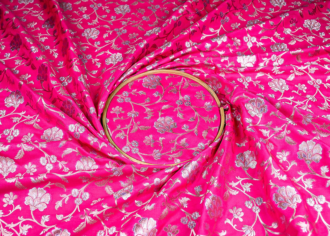 (Pre-Cut 2.15 MTR) Magenta Banarasi Brocade Fabric With All Over Golden Zari Handloom 18777