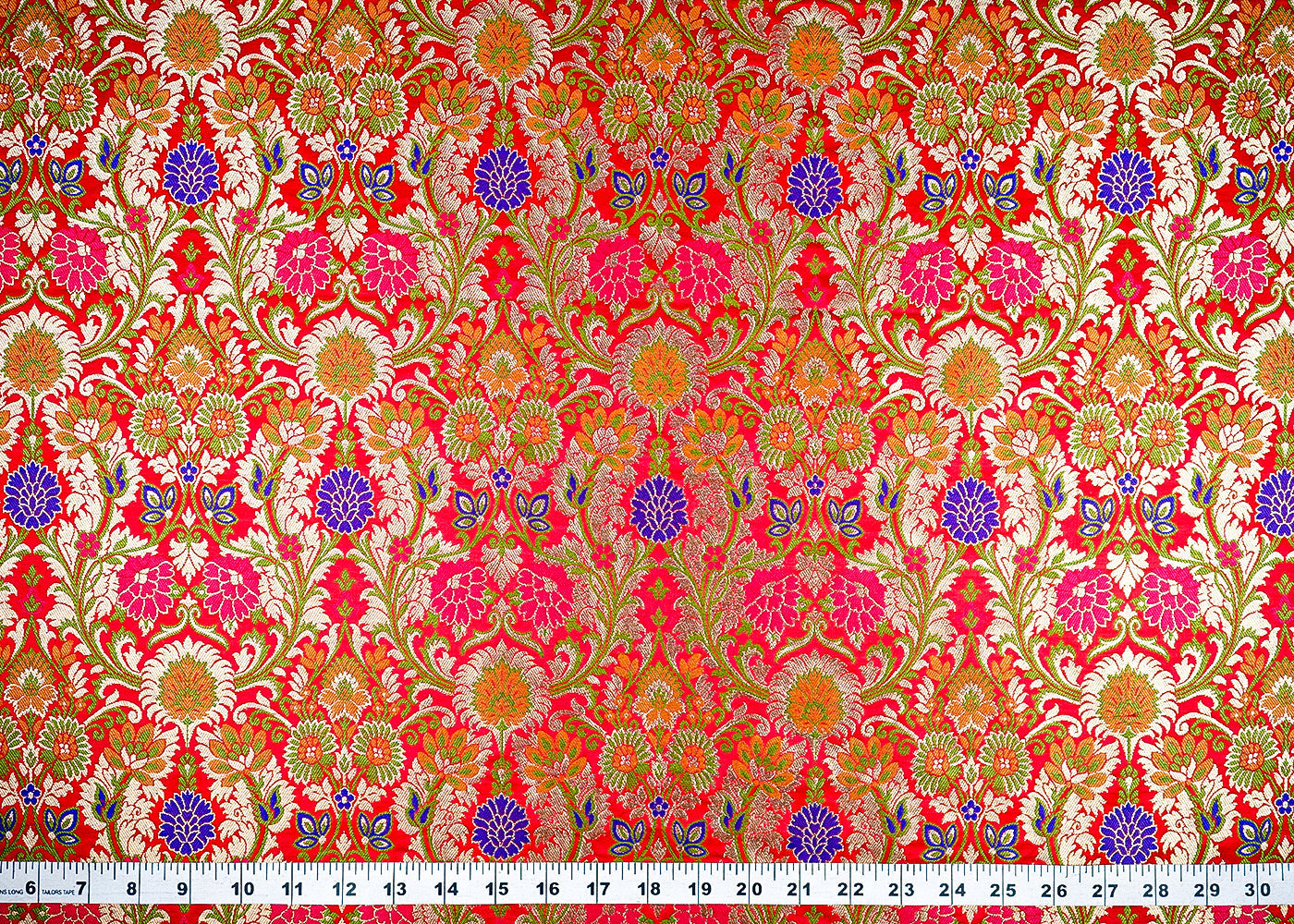 (Pre-Cut 1.5 MTR) Red Banarasi Brocade Fabric With All Over Thread And Zari Handloom 18779