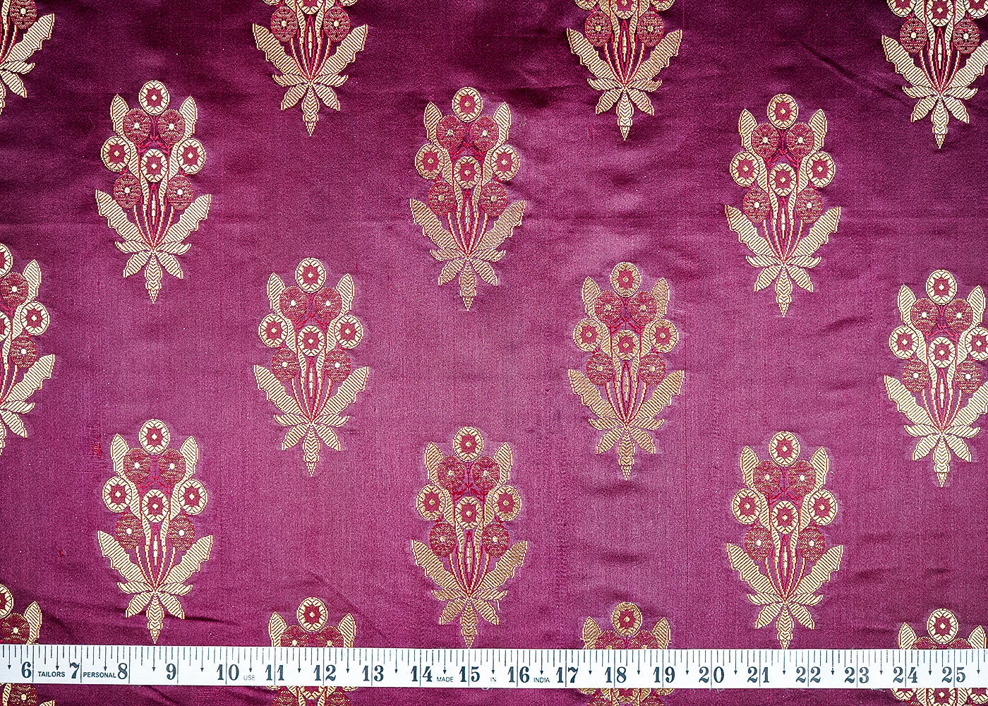 (Pre-Cut 2.5 MTR) Wine Banarasi Brocade Fabric With All Over Golden Zari Handloom 18780