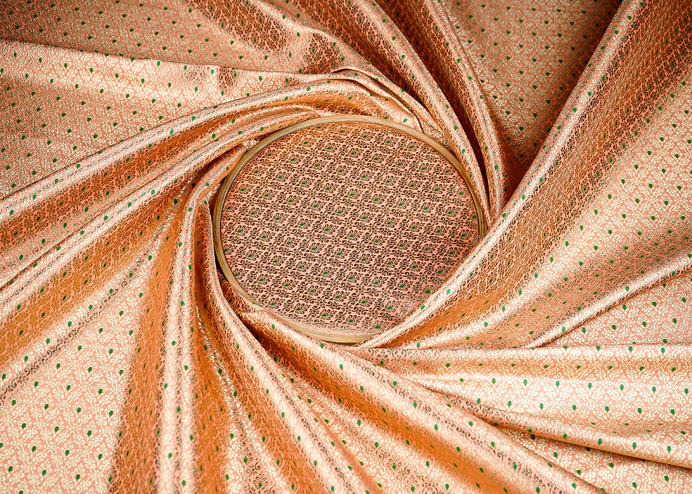 (Pre-Cut 2.7 MTR) Peach Banarasi Brocade Fabric With All Over Thread And Zari Handloom 18783