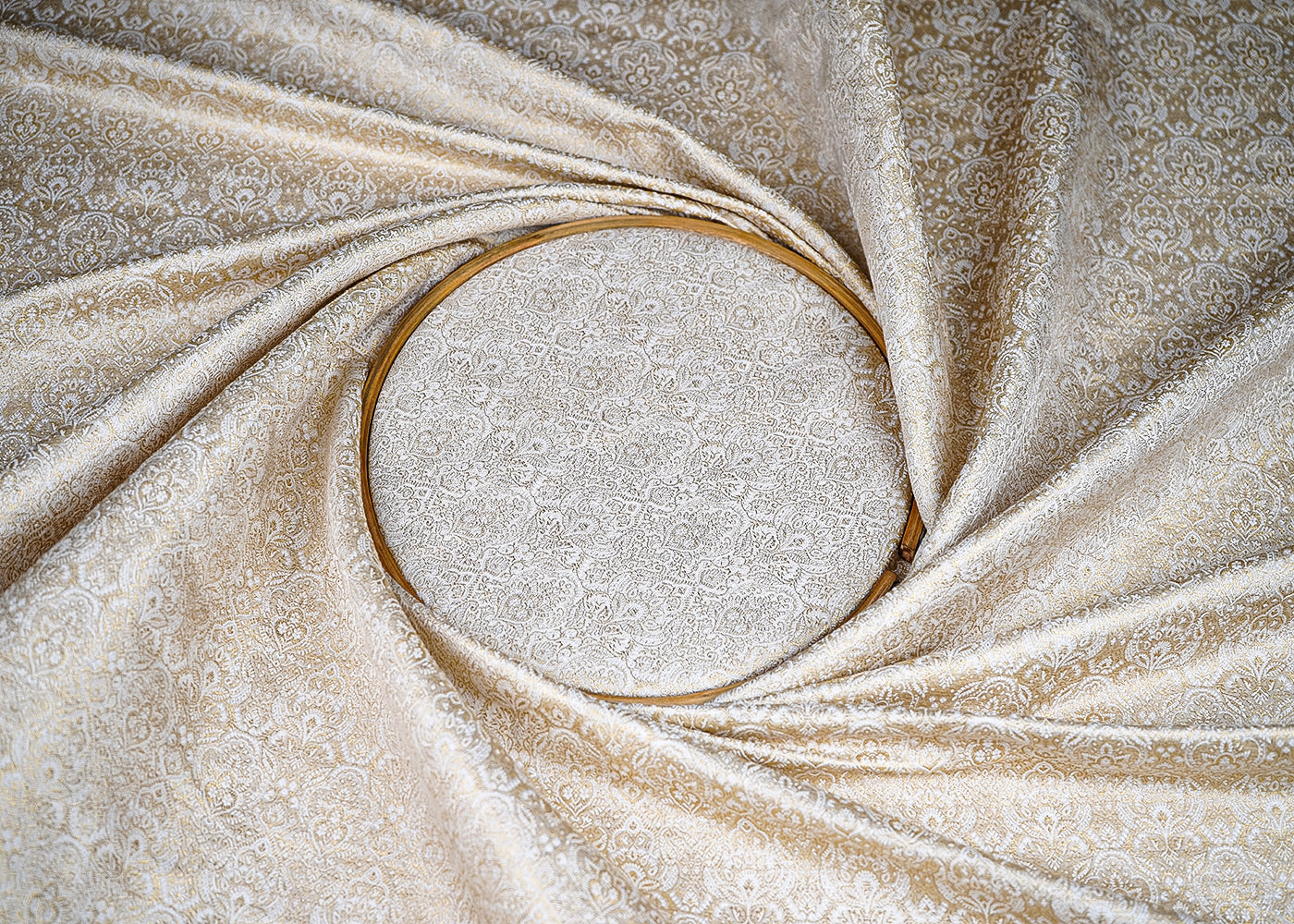 (Pre-Cut 0.8 MTR) Cream Banarasi Brocade Fabric With All Over Golden Zari Handloom 18785