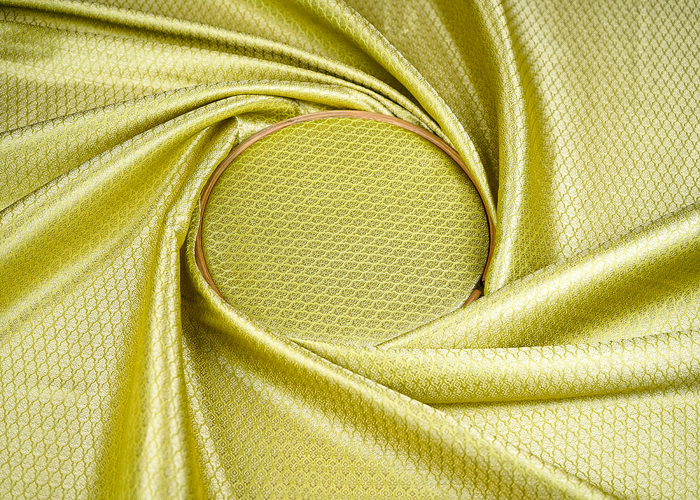 (Pre-Cut 2.3 MTR) Pista Green Banarasi Brocade Fabric With All Over Golden Zari Handloom 18788