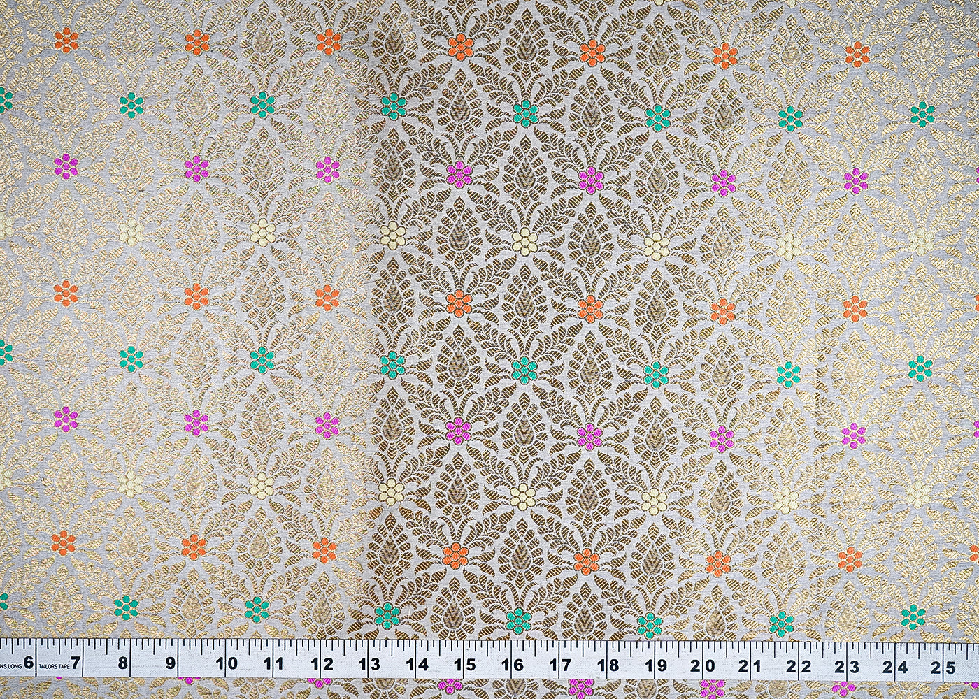 (Pre-Cut 2.1 MTR) Ivory Banarasi Brocade Fabric With All Over Thread And Zari Handloom 18790