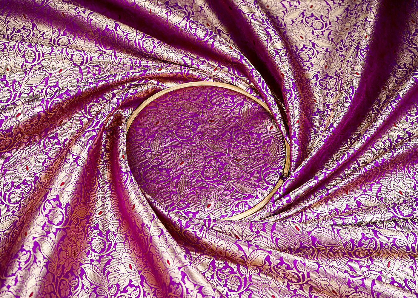 (Pre-Cut 2.7 MTR) Purple Banarasi Brocade Fabric With All Over Golden Zari Handloom 18791