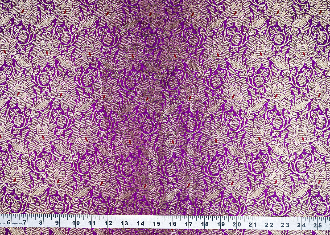 (Pre-Cut 2.7 MTR) Purple Banarasi Brocade Fabric With All Over Golden Zari Handloom 18791