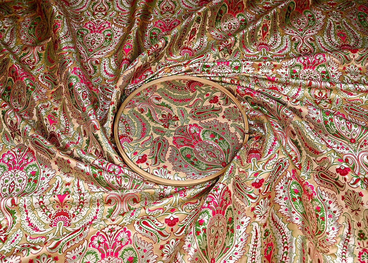 (Pre-Cut 2 MTR) Beige Banarasi Brocade Fabric With All Over Thread And Zari Handloom 18795