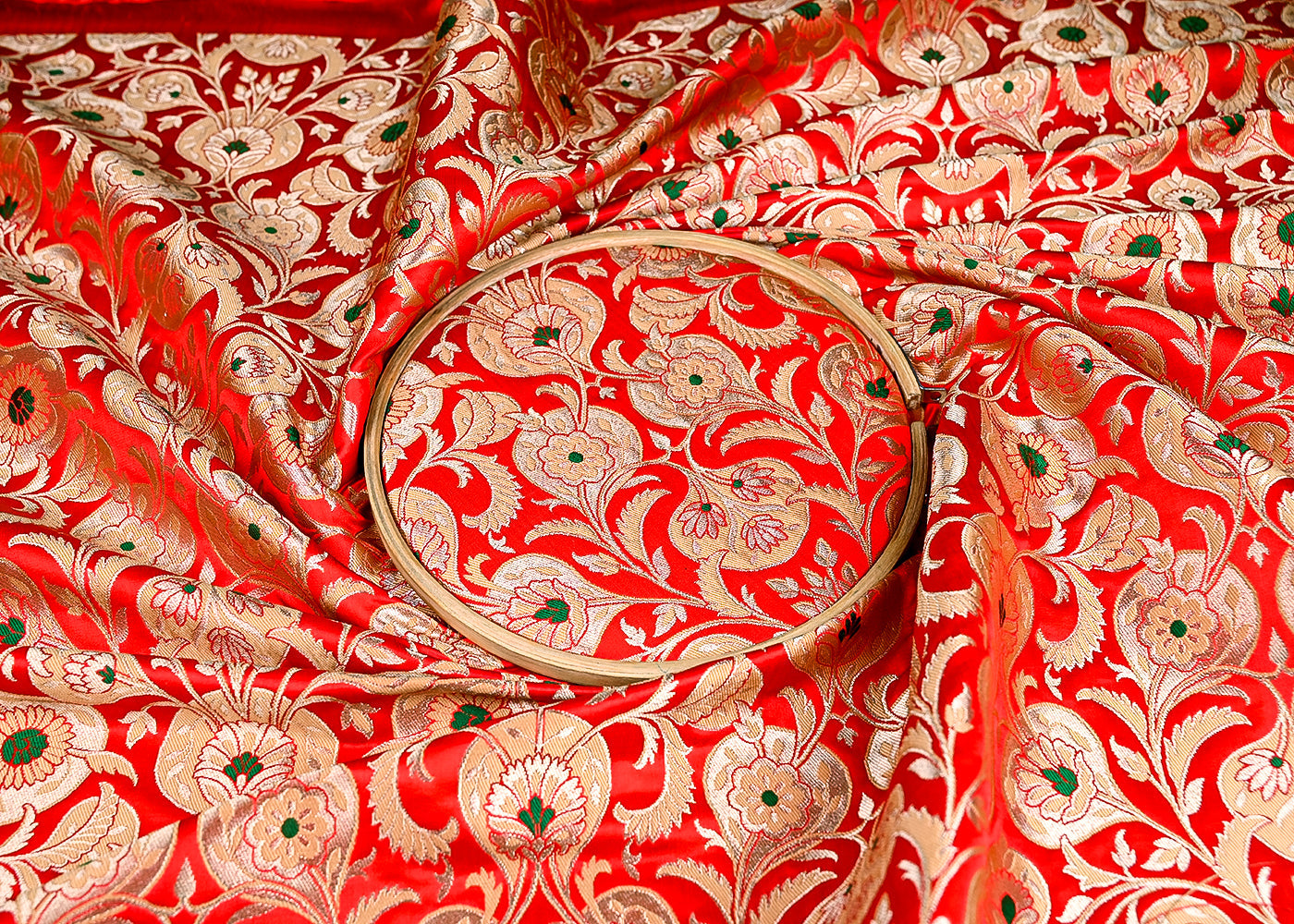 (Pre-Cut 0.7 MTR) Red Banarasi Brocade Fabric With All Over Thread And Zari Handloom 18797