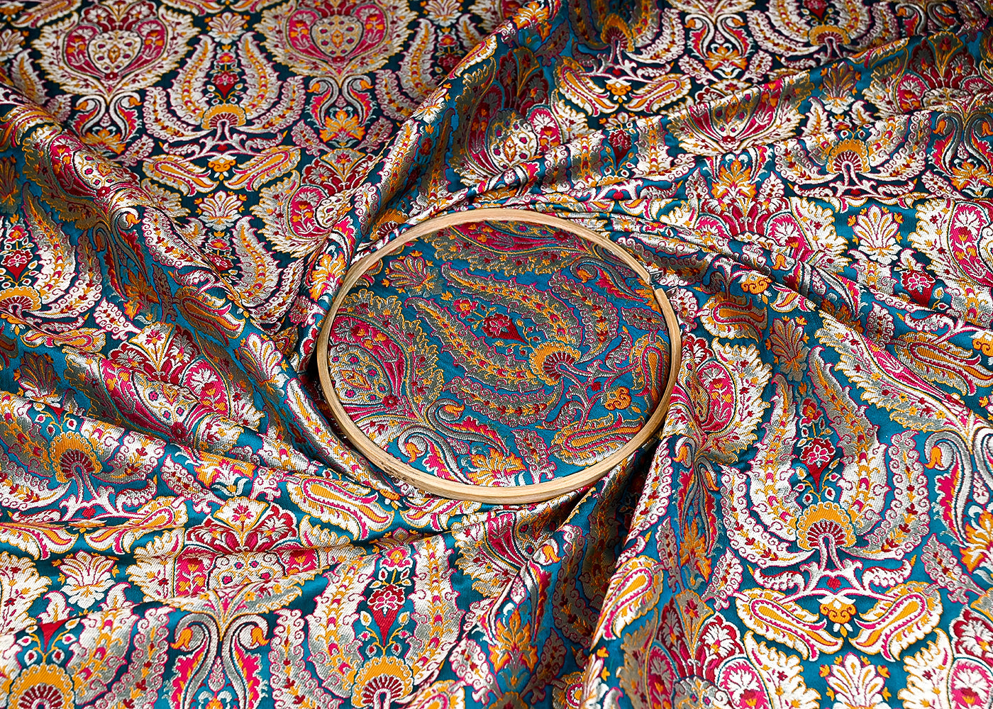 (Pre-Cut 1.5 MTR) Teal Blue Banarasi Brocade Fabric With All Over Thread And Zari Handloom 18800