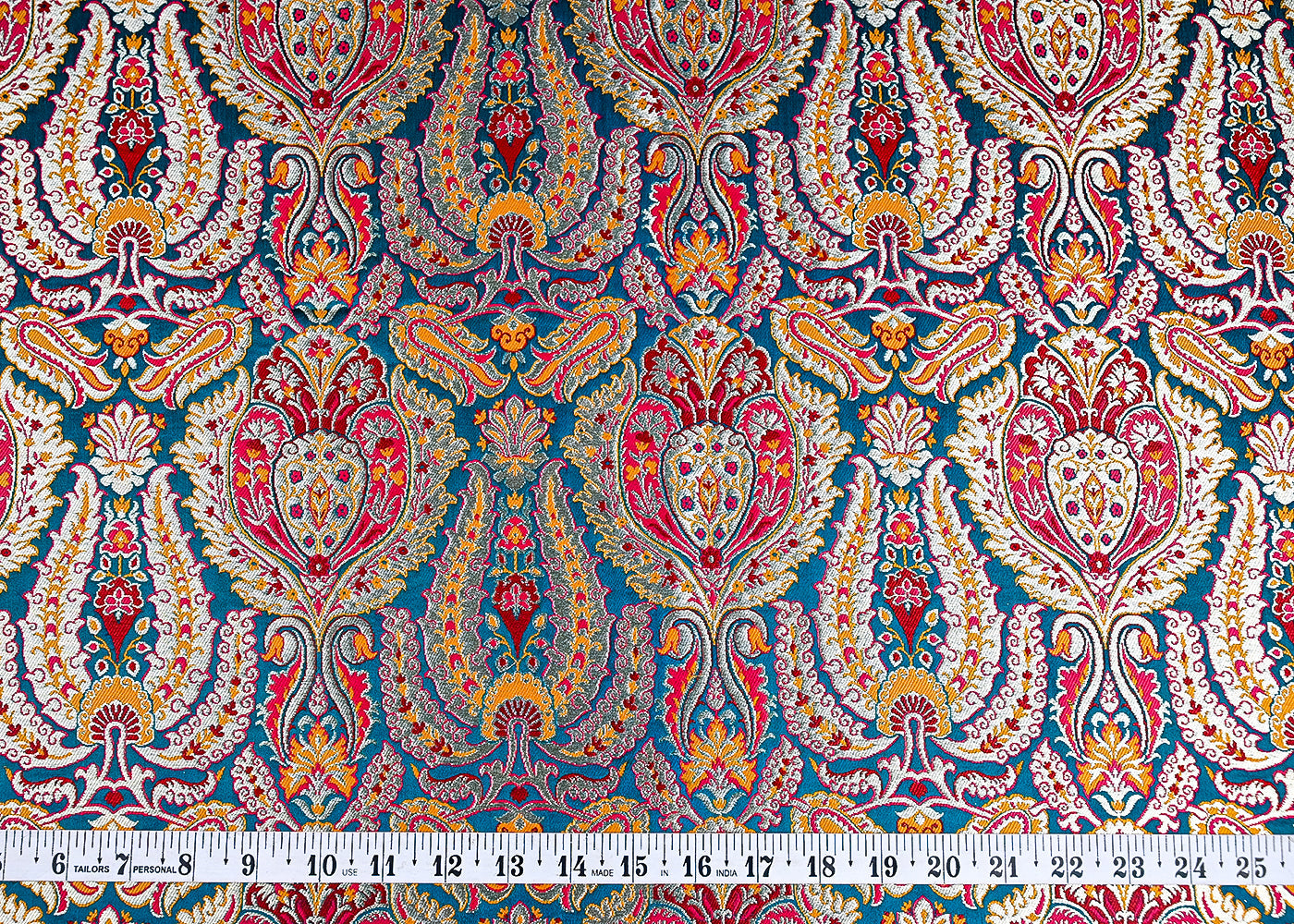 (Pre-Cut 1.5 MTR) Teal Blue Banarasi Brocade Fabric With All Over Thread And Zari Handloom 18800