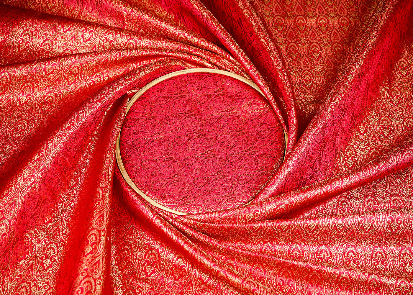 (Pre-Cut 2.1 MTR) Red Banarasi Brocade Fabric With All Over Golden Zari Handloom 18806