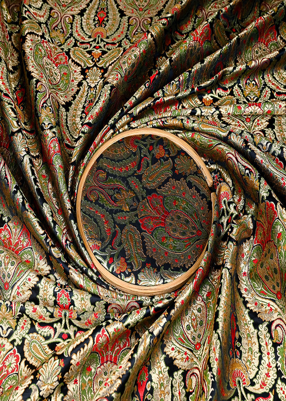 (Pre-Cut-1.9-Mtr)-Black-Banarasi-Brocade-Fabric-With-All-Over-Thread-And-Zari-Handloom-18808